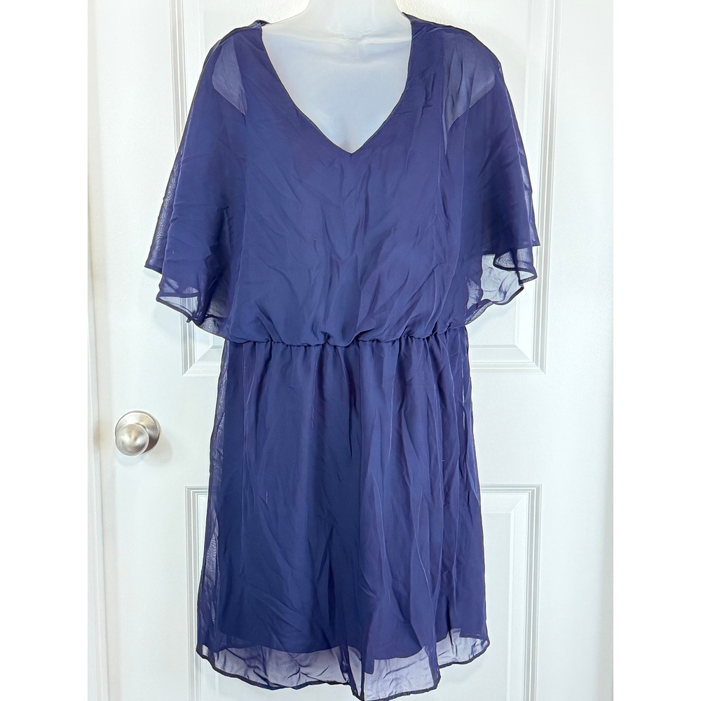 Charming Charlie Navy Blue Sheer Flutter Sleeve V Neck Mini Dress Size L